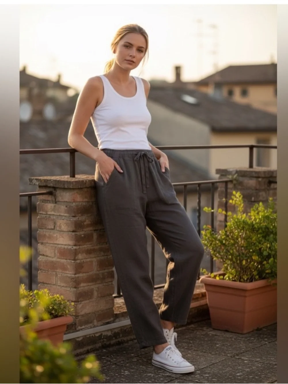 NWT ZARA Linen Blend Drawstring Pants‎ in Charcoal Grey size Small